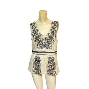 Anthropologie Floreat Ivory & Black Embroidered Sleeveless Blouse Top size 8 10